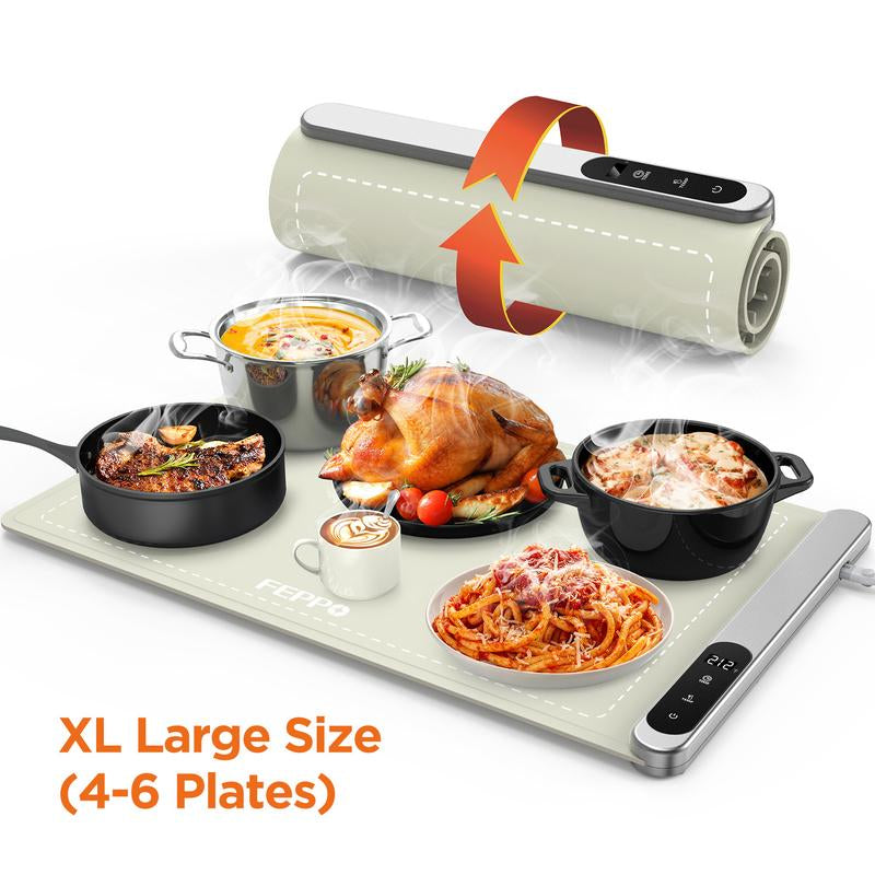 FEPPO Updated Electric Food Warming Mat with 6 Temperature Levels & 6-Hour Timer, Faster Full Surface Heating Mat, Roll up Food Warmer for Holiday Parties & Buffets