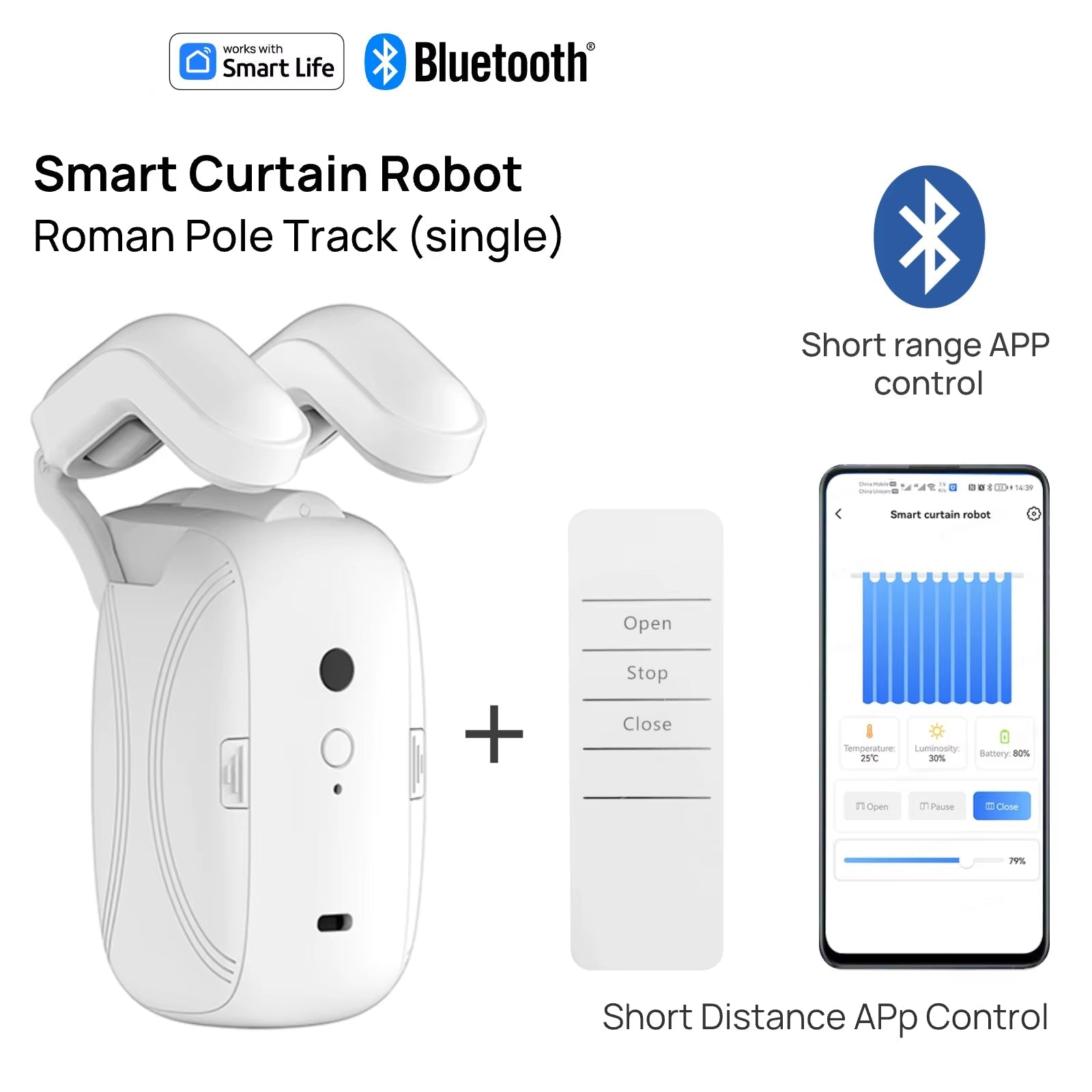Tuya Smart Curtain Robot ( Roman Rod Track) Bluetooth APP Short Range Control, Timed Switch, Pull-To-Start, 8KG Load Capacity