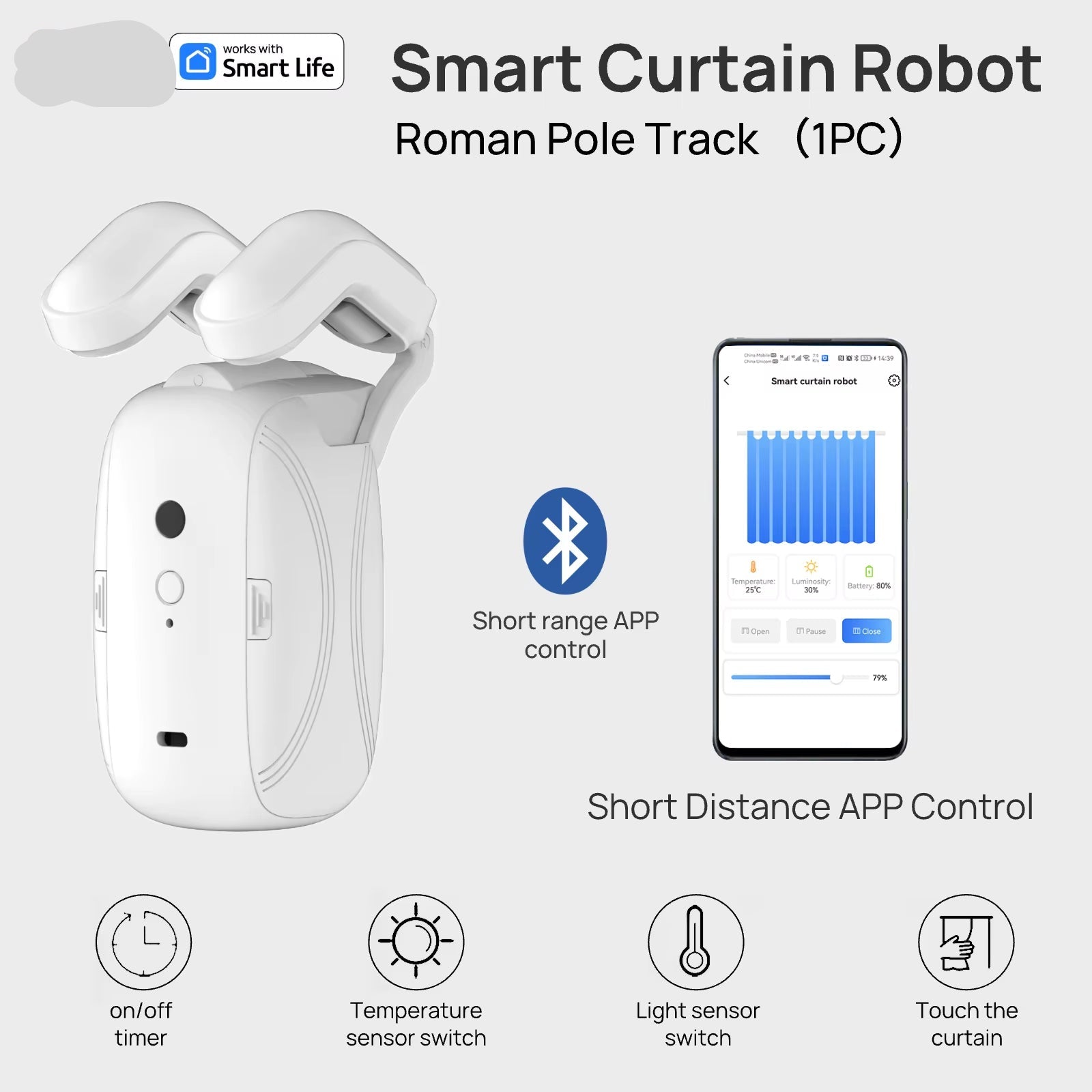 Tuya Smart Curtain Robot ( Roman Rod Track) Bluetooth APP Short Range Control, Timed Switch, Pull-To-Start, 8KG Load Capacity