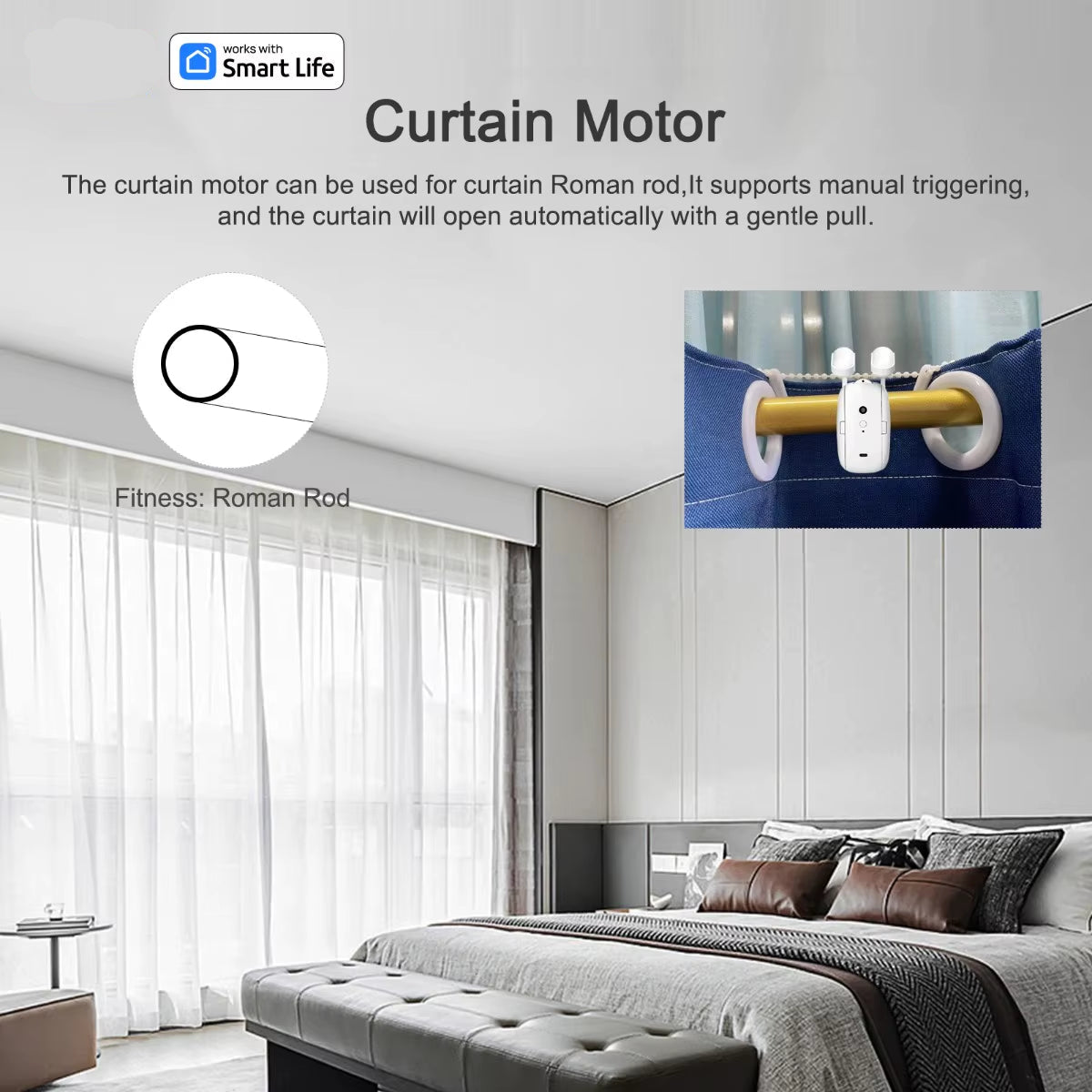 Tuya Smart Curtain Robot ( Roman Rod Track) Bluetooth APP Short Range Control, Timed Switch, Pull-To-Start, 8KG Load Capacity