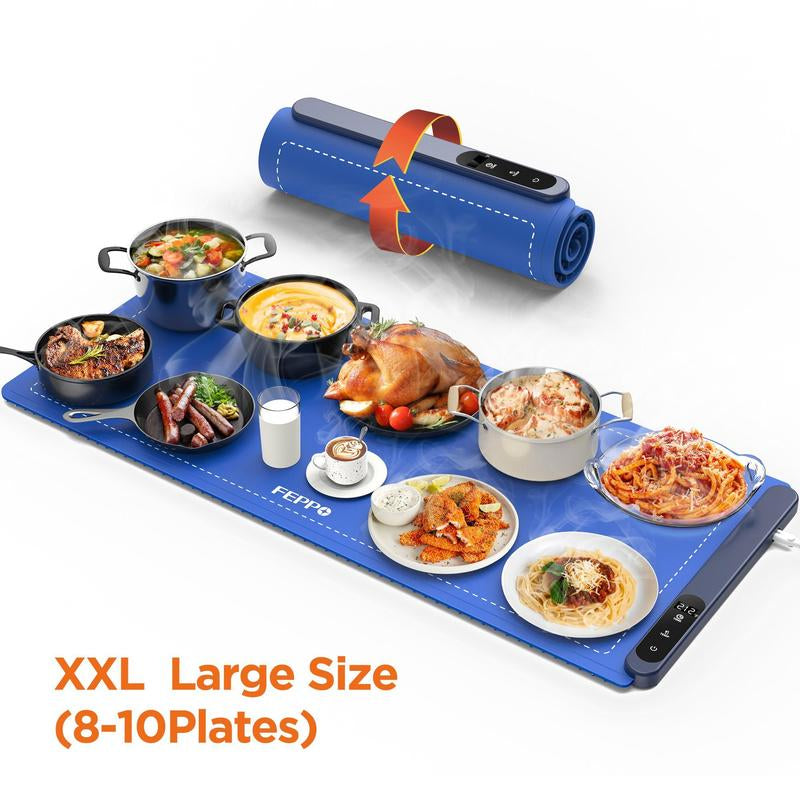 FEPPO Updated Electric Food Warming Mat with 6 Temperature Levels & 6-Hour Timer, Faster Full Surface Heating Mat, Roll up Food Warmer for Holiday Parties & Buffets