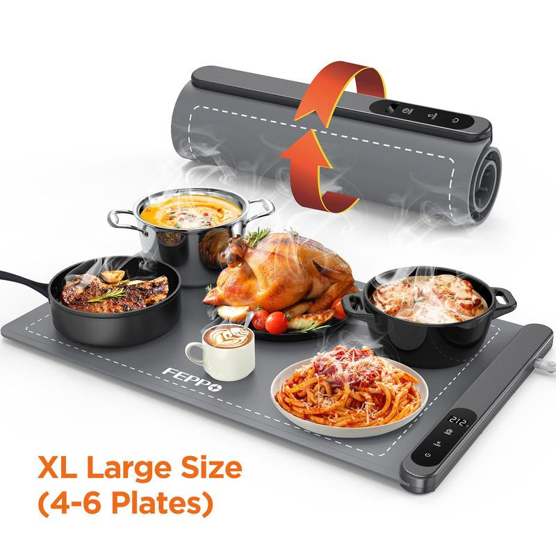 FEPPO Updated Electric Food Warming Mat with 6 Temperature Levels & 6-Hour Timer, Faster Full Surface Heating Mat, Roll up Food Warmer for Holiday Parties & Buffets